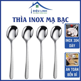  Muỗng inox ăn cơm súp cán dài đầu tròn màu bạc.Thìa inox sáng bóng không gỉ sang trọng decor bàn ăn Dieulinhshop 