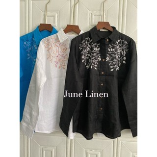 Áo sơ mi nữ tay dài Linen tưng premium thêu tay. AT04