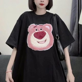 Áo thun nữ thêu gấu mặt hồng tay lỡ chất cotton 100% phom thụng