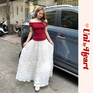 Chân váy dài trắng Ella Skirt CVT02 dáng xòe, xếp tầng - Uni By Heart