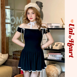 Đầm trễ vai Luna Dress VTV03 phối ren trắng, dáng xòe, xếp ly, có nơ ở vai - Uni By Heart