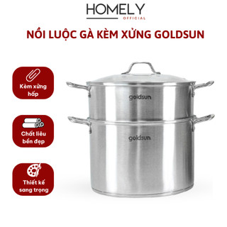 Nồi luộc gà kèm xửng hấp inox đáy từ Goldsun sử dụng trên mọi loại bếp, luộc và hấp tiện lợi