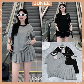 Set Bộ Đồ Nữ Áo Phông Thêu Ngựa Viền May Chỉ Mix Chân Váy Xếp Ly Cạp Chun Dáng Freesize