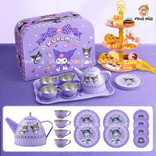 Đồ chơi vali tiệc trà bánh kuromi cho bé, có bộ ấm chén và tháp bánh xinh xắn bằng nhôm siêu bền