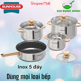 Bộ nồi inox 5 đáy Sunhouse SHG789 kèm chảo chống dính vân đá - hàng chính hãng