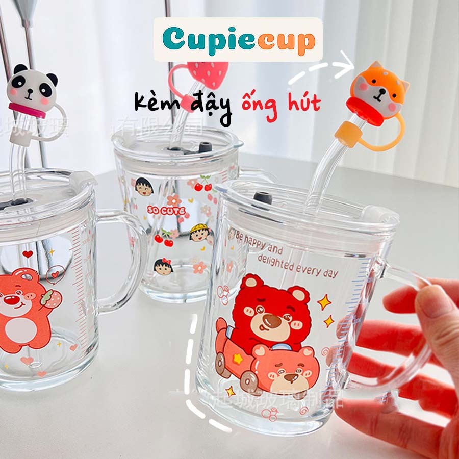 Cốc Thủy Tinh Có Vạch Chia ML, Ly Uống Nước In Hình Cute, Kèm Nắp và Ống Hút BTT021