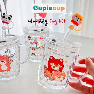 Cốc Thủy Tinh Có Vạch Chia ML, Ly Uống Nước In Hình Cute, Kèm Nắp và Ống Hút BTT021