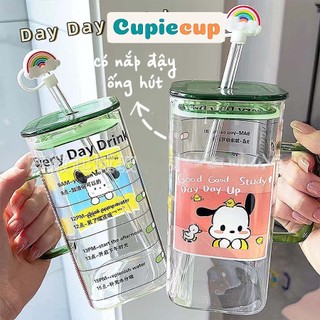 Cốc Thủy Tinh Vuông Kèm Hình In Độc Đáo, Ly Thủy Tinh Dung Tích Lớn Có Quai Cầm Và Ống Hút BTT022