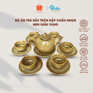 Bộ Ấm Chén Trà Bầu Tròn Nắp Xoắn Nhọn Men Gấm Vàng ACTV-07 - Gốm Sứ Cao Cấp Bát Tràng