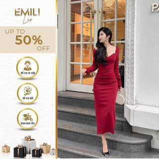 Đầm body dài tay Emili dáng cổ vuông kiểu nữ đi dự tiệc thu đông 