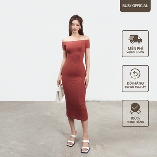 Váy Đầm Ngắn Tay Ngang Vai Ghép Thân Nữ BUSY Thun Tăm Rayon Co Giãn Ôm Sát VNV2