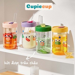 Cốc Thủy Tinh Kèm Ống Hút Trân Châu, Ly Thủy Tinh In Hình Ngộ Nghĩnh   BTT072