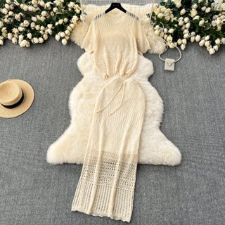 #4869 [Sẵn một số mẫu] Set len dệt thời trang nữ Quảng Châu gồm áo tay ngắn + chân váy lưới có lót trong 3 màu