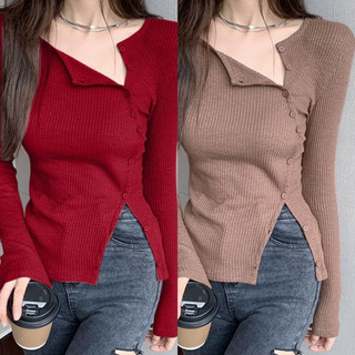 Áo thun gân phối nút gài bên dài tay 🎈🎈Áo thun body túi ngực cài khuy đen trắng vàng Ulzzang Phông dáng ôm sexy