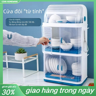 cao cấp Xanh trắng hộp đựng bát đĩa 3 tầng Tủ nhựa có nắp dao kéo
