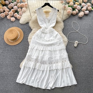 #4870 [Sẵn một số size] Đầm thời trang nữ Quảng Châu dáng cổ V viền ren hoa màu trắng siêu xinh
