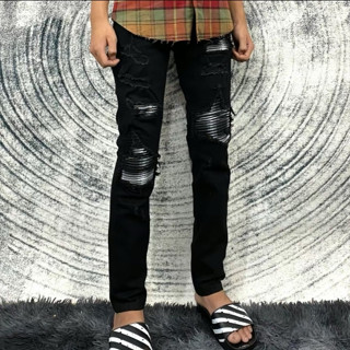 Quần jean nam 4 Cúc Đen Vá Vải Xám Loang Nhăn Ống Côn Bó Sát Quần bò màu đen gối vá xù co giãn 4 chiều