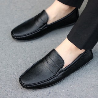 Giày mọi nam cao cấp mocasin,giày lười da mềm thiết kế đơn giản gắn băng thủng, đế bệt mềm có khâu RUNO G34