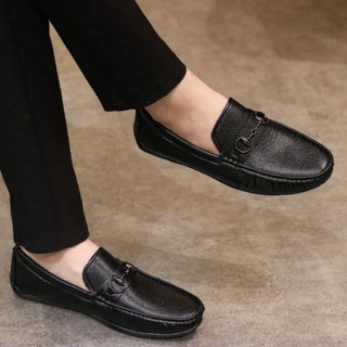 Giày mọi nam cao cấp mocasin,giày lười da mềm đế bệt mềm khâu chắc chắn gắn xích kim loại trang trí RUNO G33