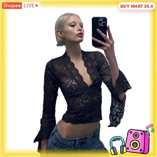 Áo Croptop Tay Dài Cổ Chữ v Phối Ren Quyến Rũ Thời Trang Cho Nữ