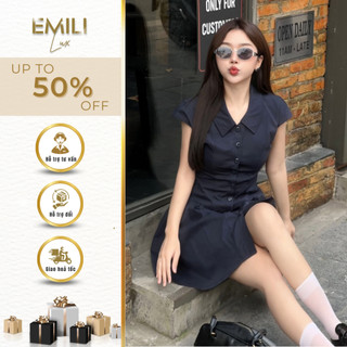 Váy ngắn cổ bẻ Emili váy ngắn chiết eo chân váy xòe phong cách Hàn Quốc 