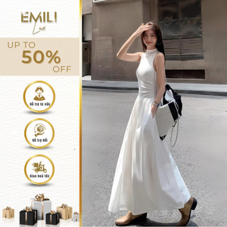 Đầm maxi Emili dáng dài xoè sát nách, váy dài liền thân cổ lọ tiểu thư chất liệu xleo 