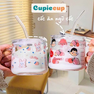 Cốc Thủy Tinh Có Quai, Ly Uống Nước In Hình Cute Kèm Vạch Chia ml Tiện Lợi BTT081