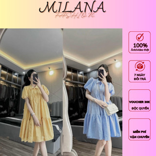 Váy babydoll kẻ caro cổ sơ mi thiết kế tay bồng xinh xắn, Đầm thiết kế sơ mi kẻ caro mẫu. Bầu bí mặc thoải mái