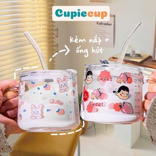  Cốc Thủy Tinh In Hình Cute Kèm Vạch Chia ml Ly Uống Nước Có Quai Cầm Tiện Lợi CTT081 