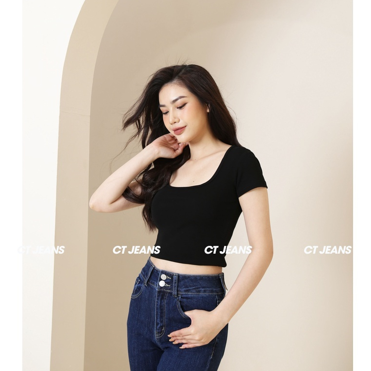 Áo kiểu nữ cổ U chất liệu cotton bozip co giãn mềm mịn thấm hút mồ hôi dáng ôm sexy CS21, CT JEANS