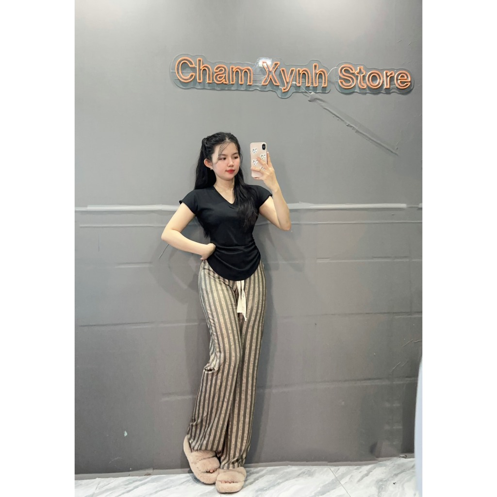 M03 - HOT 2024 Set bộ thun tăm lạnh nhún eo áo cổ tim quần sọc suông Nữ Nhung Nữ Nhung Women Áo