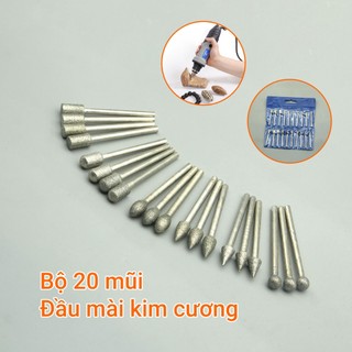 Bộ 20 mũi mài khắc đầu kim cương cán 3 ly