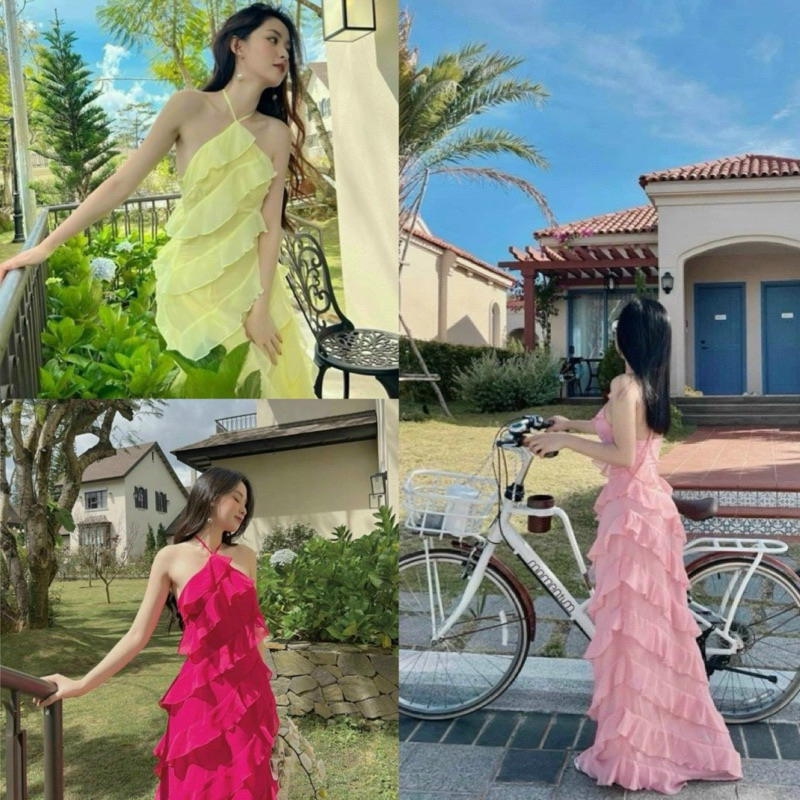 [TOP 3] Đầm đi biển, đi du lịch maxi cổ yếm hở lưng bèo tầng gợn sóng có mút chất voan cao cấp Ht124