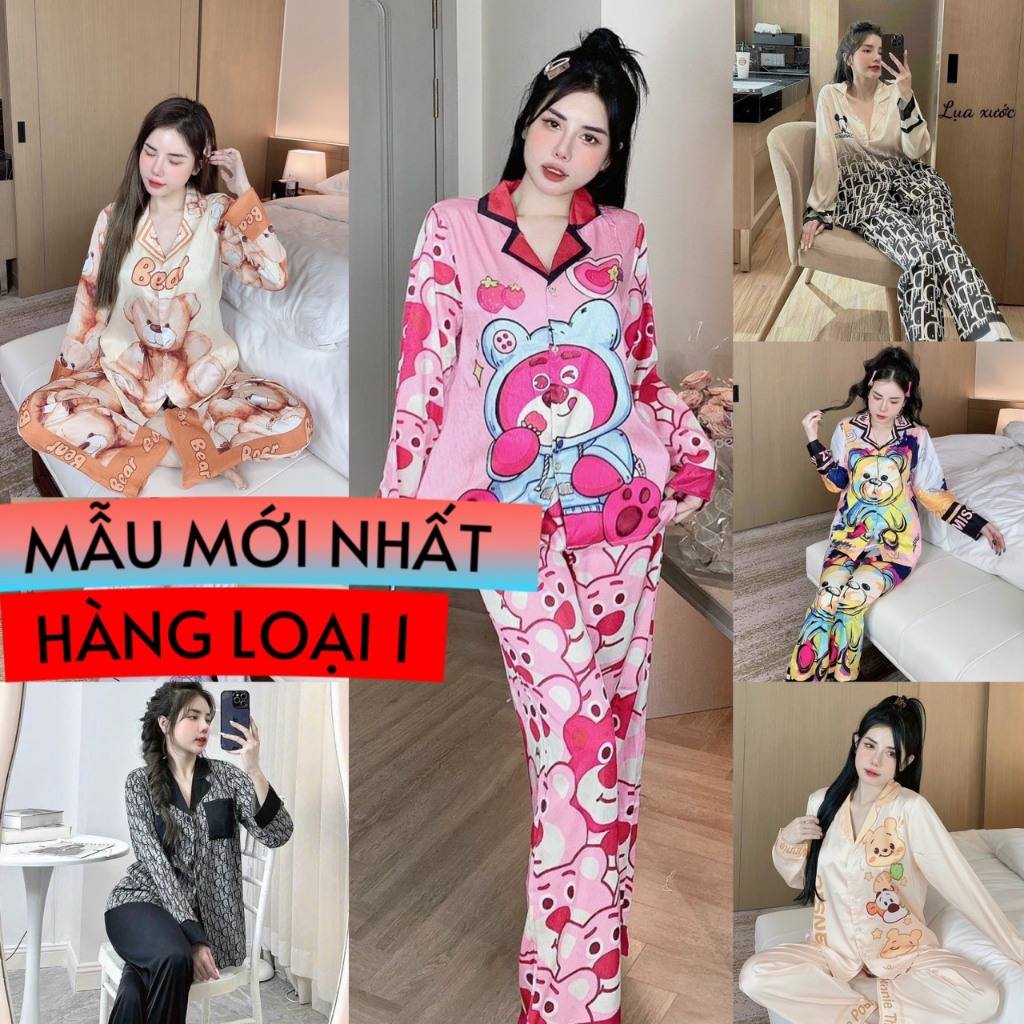 Đồ bộ pijama tay dài lụa thiết kế mới dể thương, đồ bộ nữ giá rẻ, pijama nữ lụa mềm mát, freeship đồ