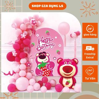 Set bóng trang trí sinh nhật, bóng gấu dâu bong bóng gấu hồng dâu tây trang trí sinh nhật