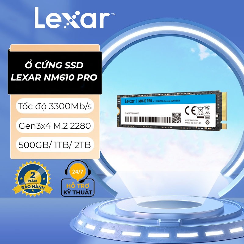 Ổ cứng SSD Lexar NM610 PRO M.2 2280 Gen3x4 NVMe 500GB/ 1TB/ 2TB, Tốc độ đọc 3300Mb/s, Bảo hành chính hãng 3 năm