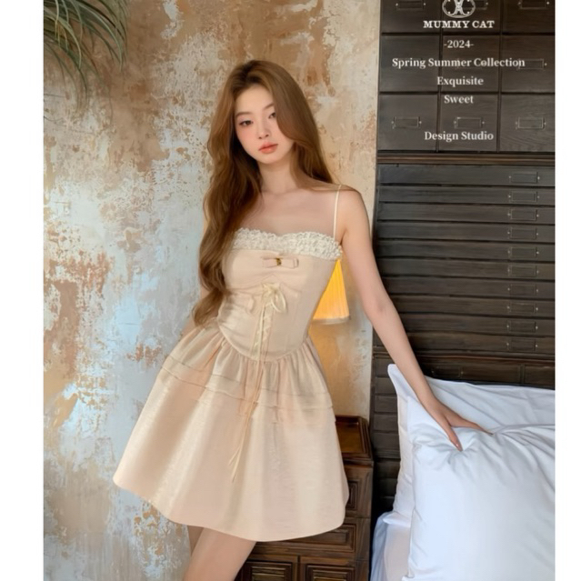 Đầm dây phối ren nơ croset- Đầm nữ- Váy nữ- Đầm hồng- Đầm đen- Đầm 2 dây- Đầm dự tiệc