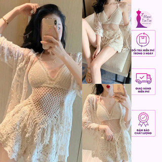 Set ren bikini ren móc tua rua 3 món đi biển, set áo cổ yếm tua rua kèm choàng sành điệu sexy tôn dáng