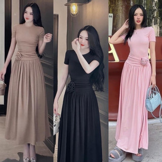 Đầm maxxi tăm lạnh tay ngắn dáng dài xoè phối bảng hoa