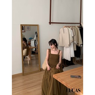 Váy nâu 2 dây cổ vuông dáng a dài basic