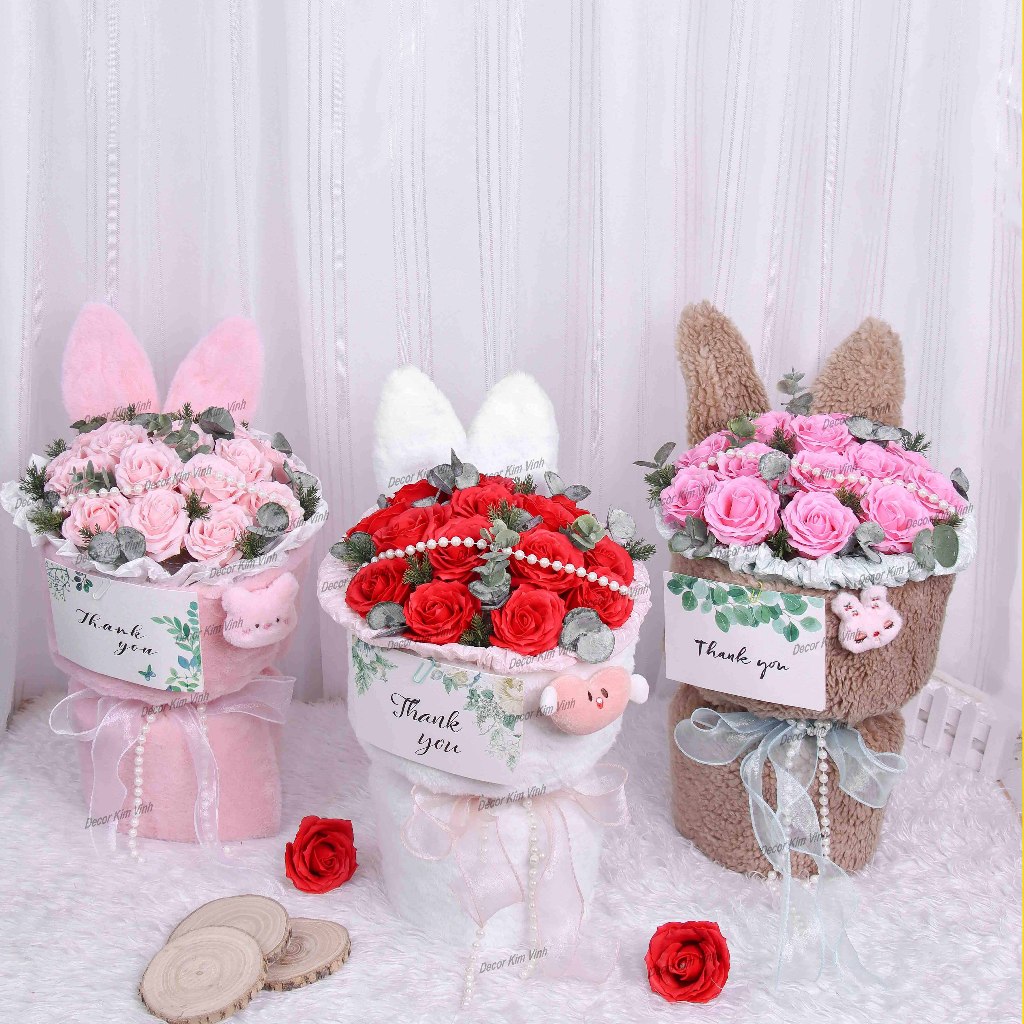 Bó Hoa Sáp Bó Hoa Bunny Tai Thỏ BL01 Dễ Thương (Kèm Thiệp) Hoa Làm Quà Tặng Sinh Nhật Dịp Lễ
