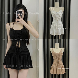 Set áo cổ yếm dây rút ngực xẻ tà dài phối chân váy ôm body