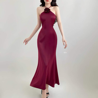 Váy cổ yếm lụa kiểu đơn giản NGOCCLOTHING nữ [FREESHIP] Đầm cổ yếm cúp ngực lụa gân ôm body dáng dài, phong cách