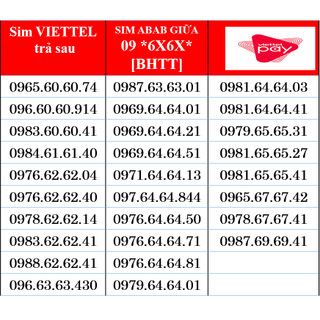 Sim Viettel Trả Sau Số Đẹp dạng số ABAB 6X6X giữa mới nhất, Shop uy tín kienthuy123