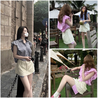 Empinkclothing - set sơ mi kẻ cánh tiên mix váy