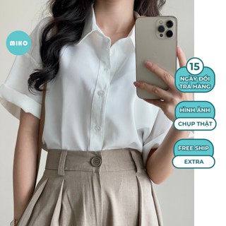 Áo Sơ Mi Lụa Cộc Tay, Áo Sơmi Nữ Kiểu Cổ Sen Điệu, Áo Somi Ngắn Tay Form Dáng Rộng Mùa Hè Thoáng Mát Miho House