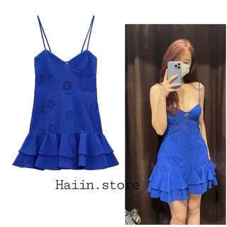 Váy mini hai dây xanh hoạ tiết đục lỗ hoa cúc ZR xuất dư ( có lót) dày dặnu