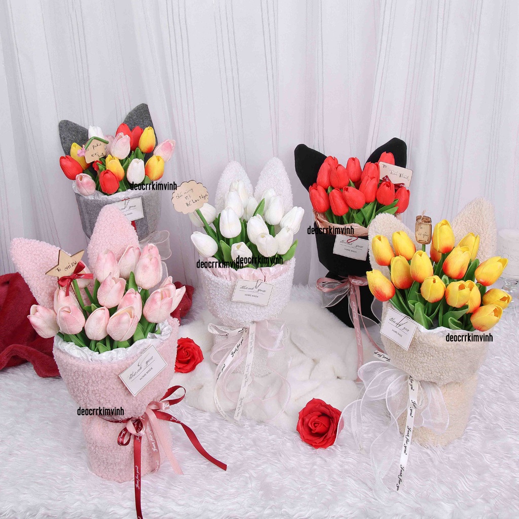 Bó Hoa Tulip Tai Thỏ Bunny 15 Bông Dễ Thương, Quà Tặng Sinh Nhật, Lễ Tình Nhân 8/3