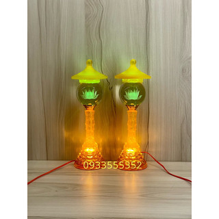 Đôi đèn thờ quả cầu pha lê có mái thân thủy tinh - Đèn cầu sen