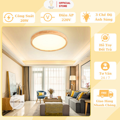 Đèn Ốp Trần Gỗ Energy Green Lighting (Đường Kính 40cm) OT-3027 - 3 Chế Độ Ánh Sáng - Decor Phòng Khách / Phòng Ngủ